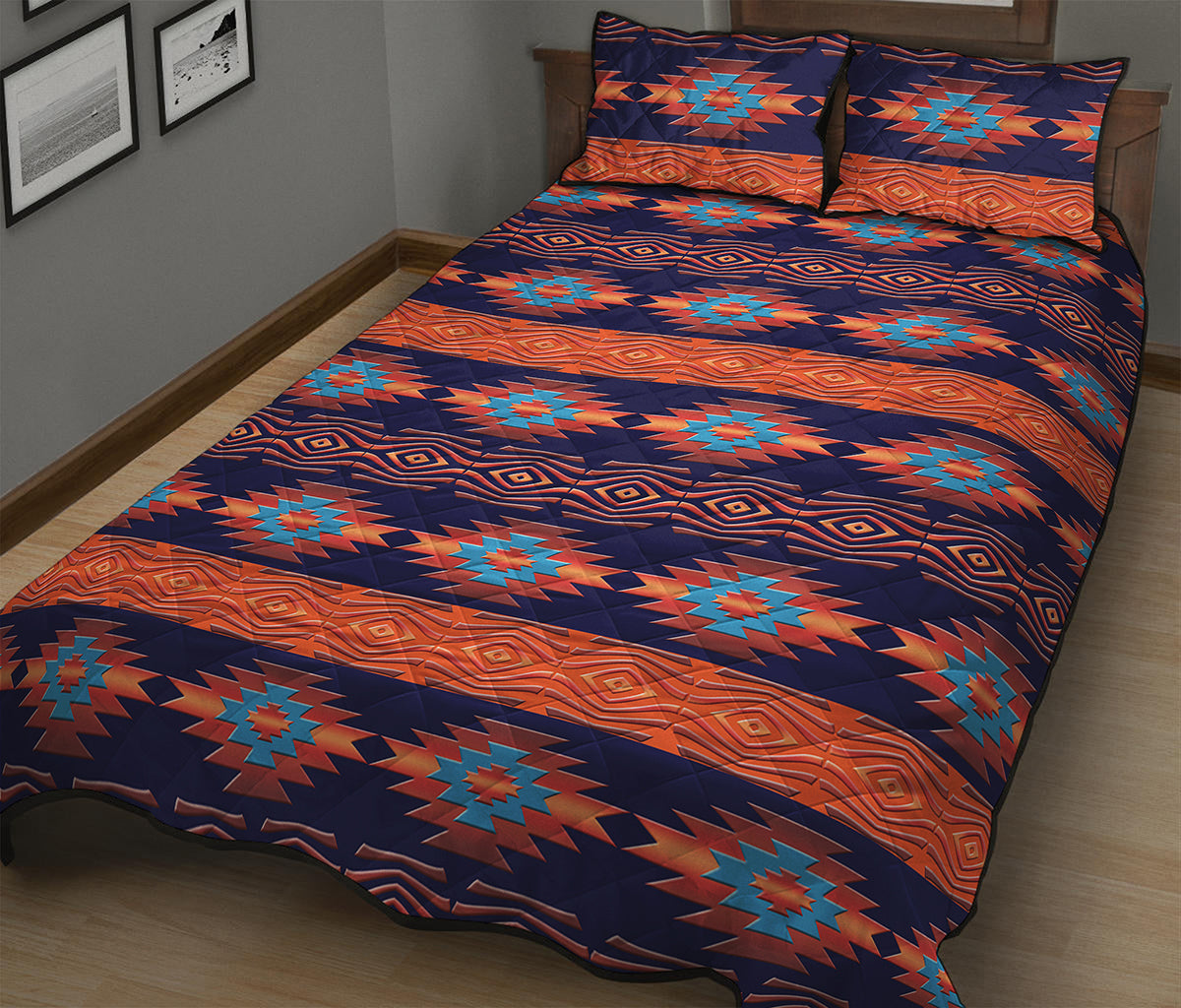Blue And Orange Southwestern Print Quilt Bed Set