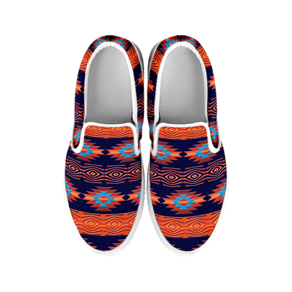 Blue And Orange Southwestern Print White Slip On Shoes
