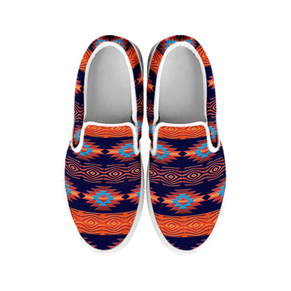 Blue And Orange Southwestern Print White Slip On Shoes