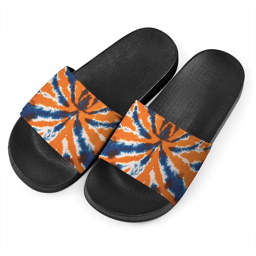 Blue And Orange Spider Tie Dye Print Black Slide Sandals