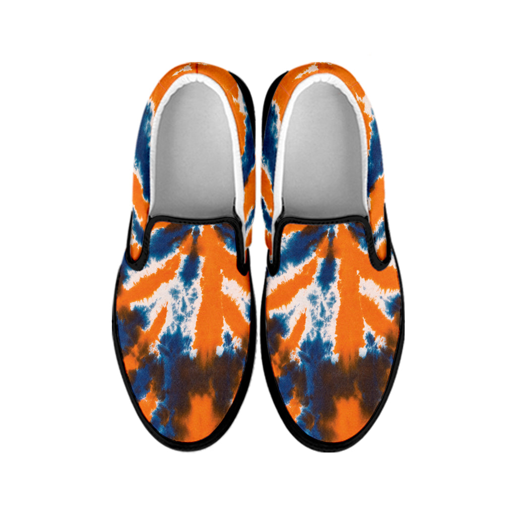Blue And Orange Spider Tie Dye Print Black Slip On Shoes