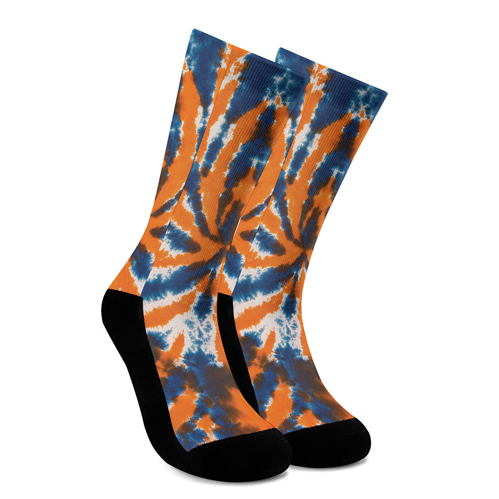 Blue And Orange Spider Tie Dye Print Crew Socks