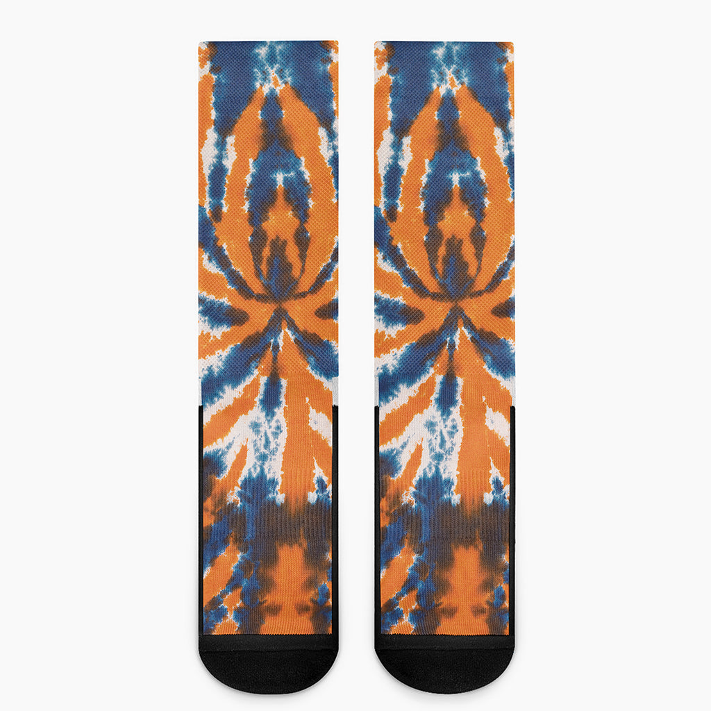 Blue And Orange Spider Tie Dye Print Crew Socks