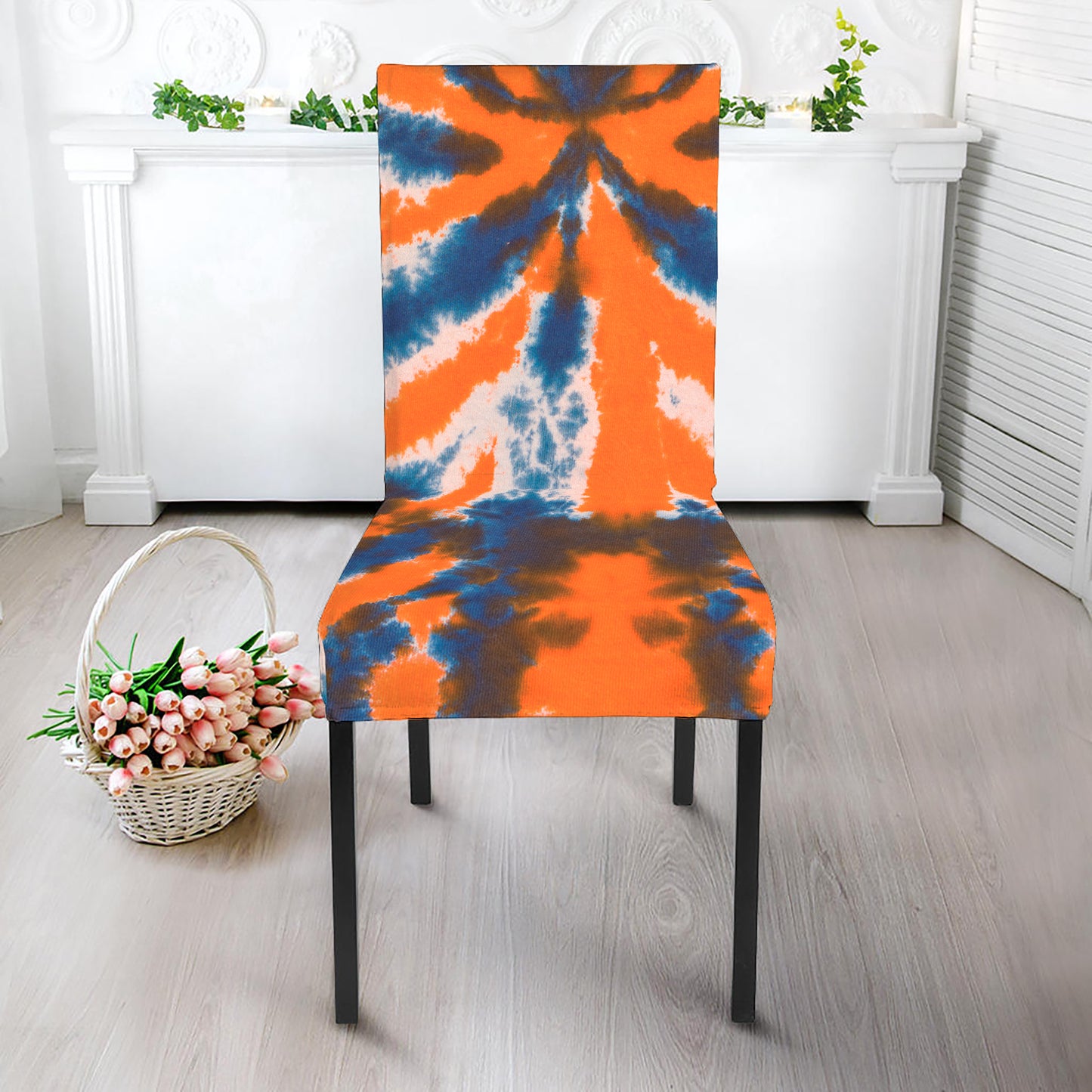 Blue And Orange Spider Tie Dye Print Dining Chair Slipcover