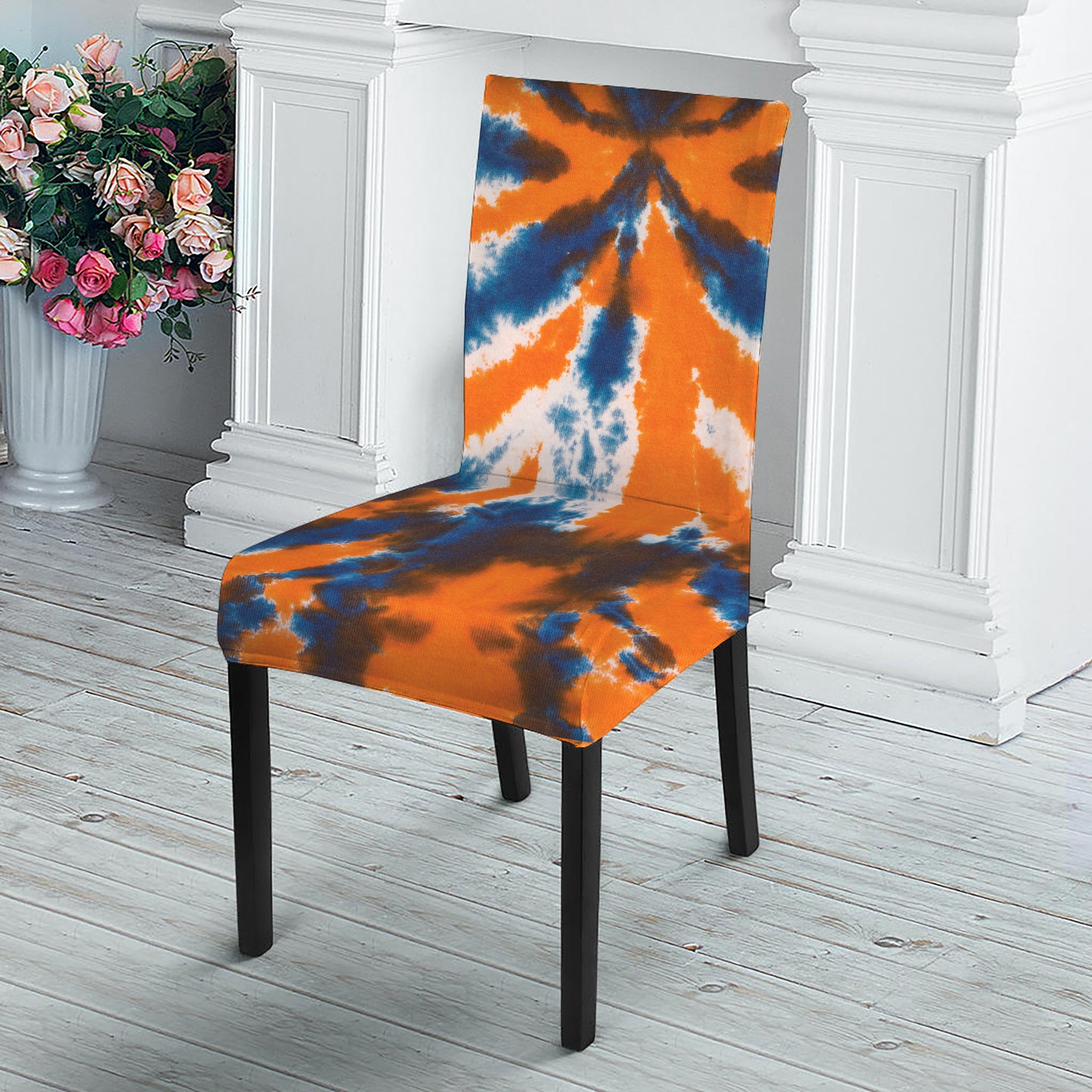 Blue And Orange Spider Tie Dye Print Dining Chair Slipcover