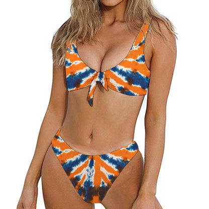 Blue And Orange Spider Tie Dye Print Front Bow Tie Bikini