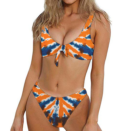 Blue And Orange Spider Tie Dye Print Front Bow Tie Bikini