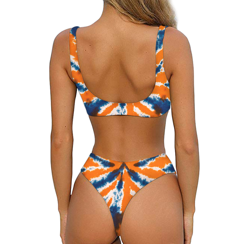 Blue And Orange Spider Tie Dye Print Front Bow Tie Bikini