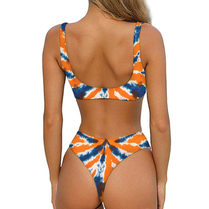 Blue And Orange Spider Tie Dye Print Front Bow Tie Bikini