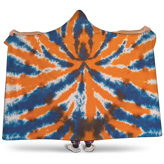 Blue And Orange Spider Tie Dye Print Hooded Blanket