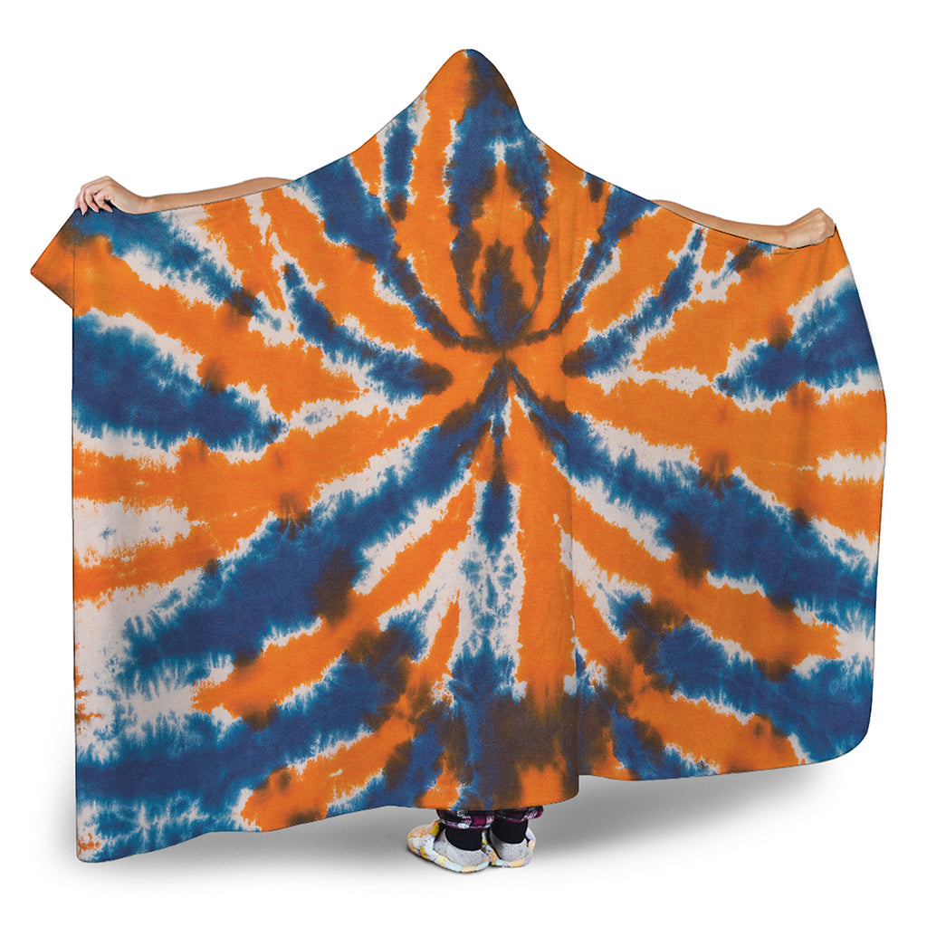 Blue And Orange Spider Tie Dye Print Hooded Blanket