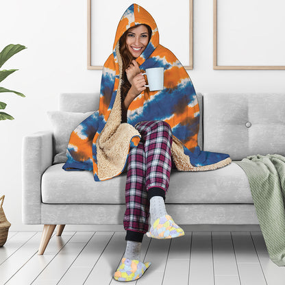 Blue And Orange Spider Tie Dye Print Hooded Blanket