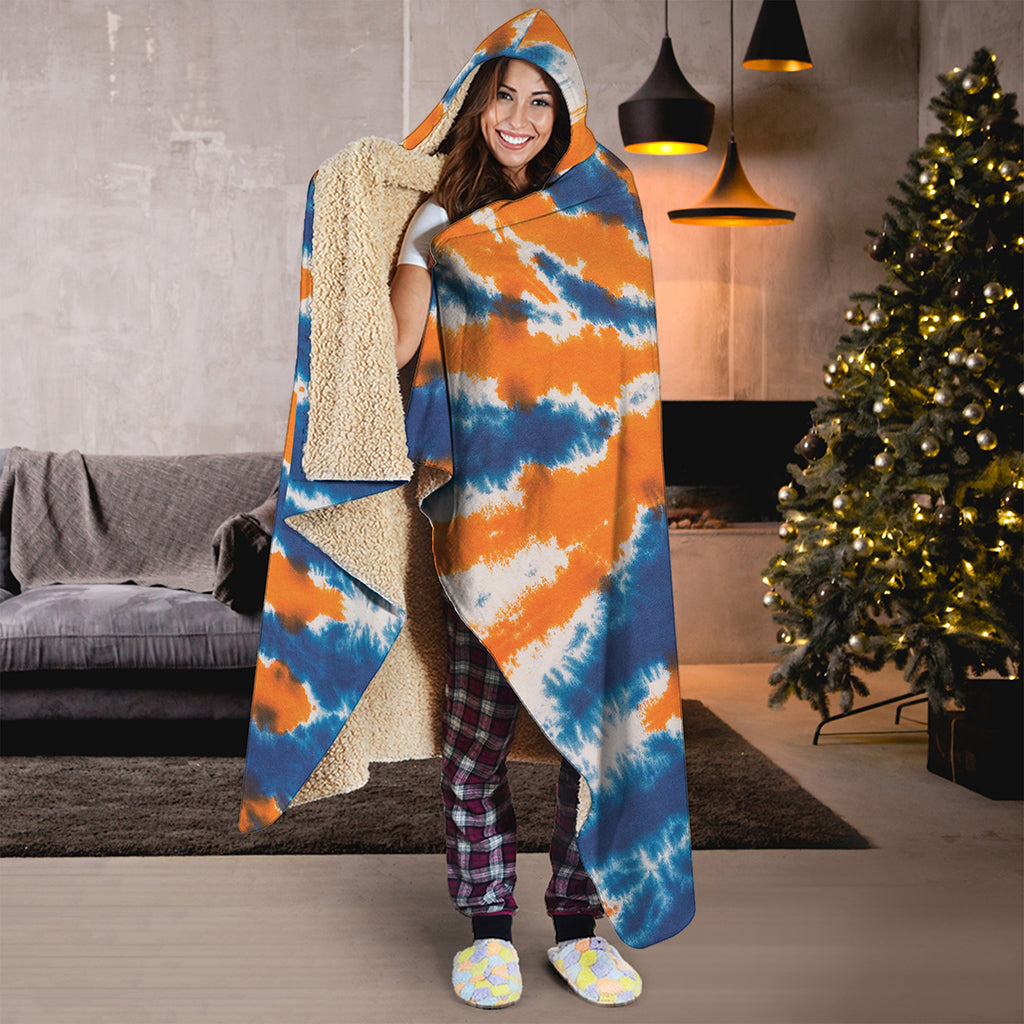 Blue And Orange Spider Tie Dye Print Hooded Blanket