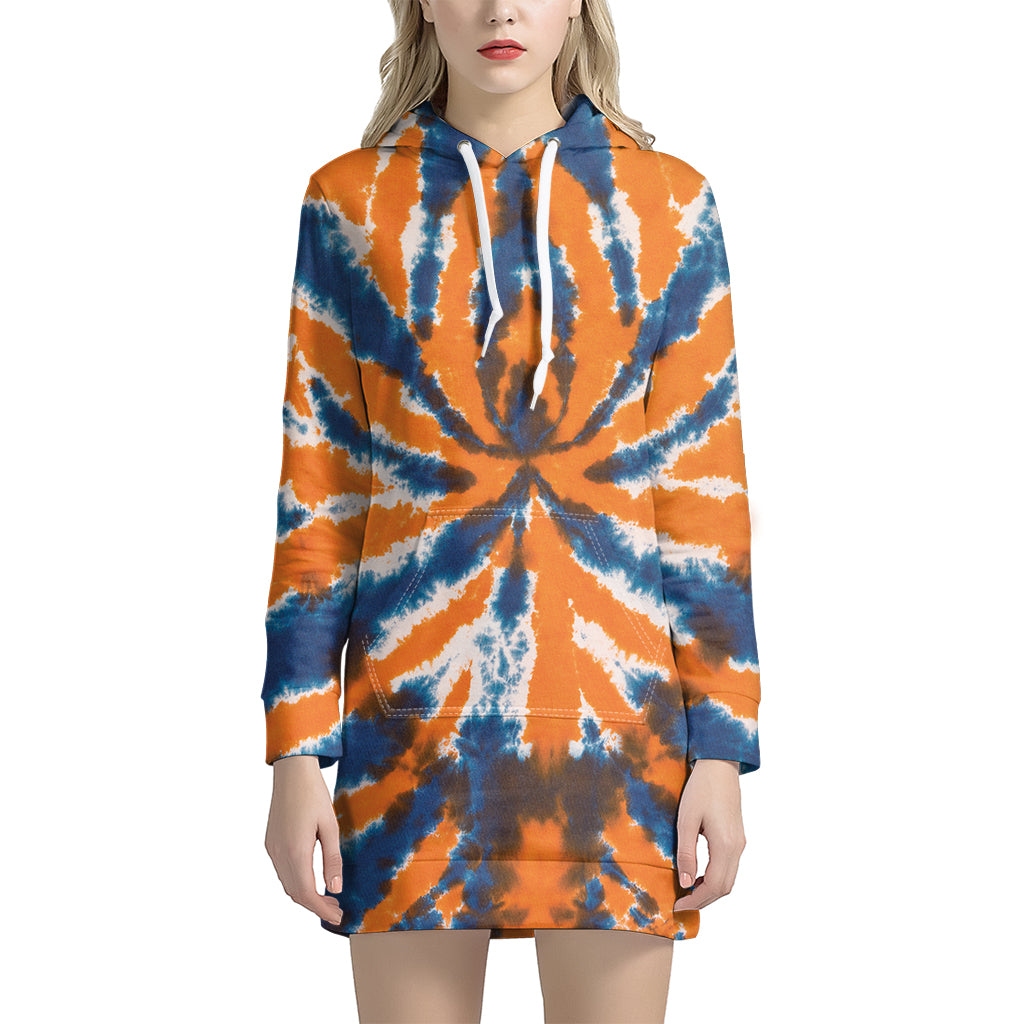 Blue And Orange Spider Tie Dye Print Hoodie Dress