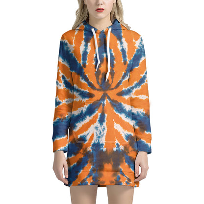 Blue And Orange Spider Tie Dye Print Hoodie Dress