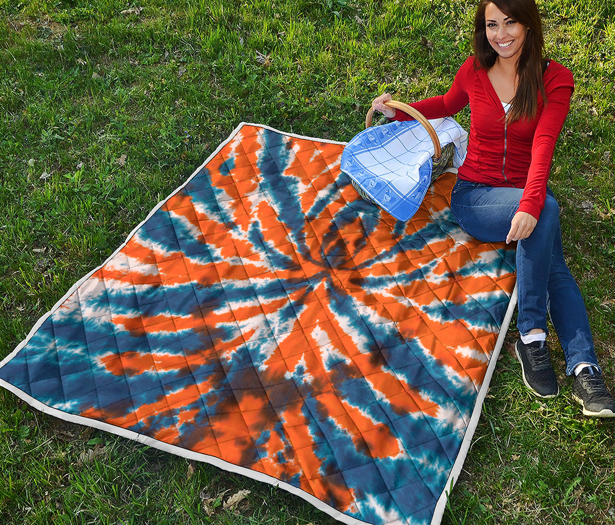 Blue And Orange Spider Tie Dye Print Quilt