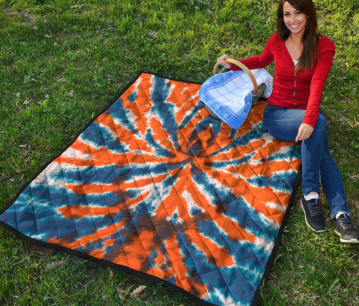 Blue And Orange Spider Tie Dye Print Quilt