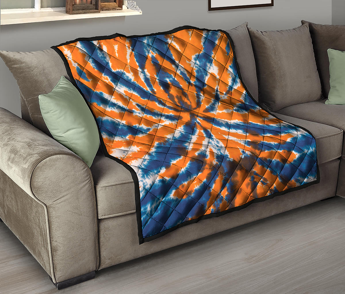 Blue And Orange Spider Tie Dye Print Quilt