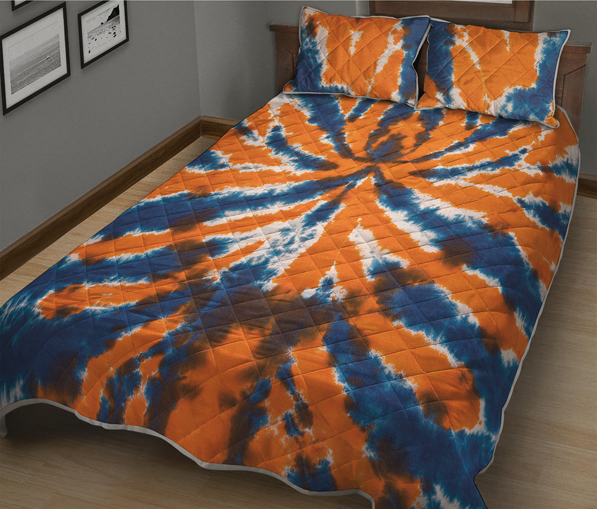 Blue And Orange Spider Tie Dye Print Quilt Bed Set