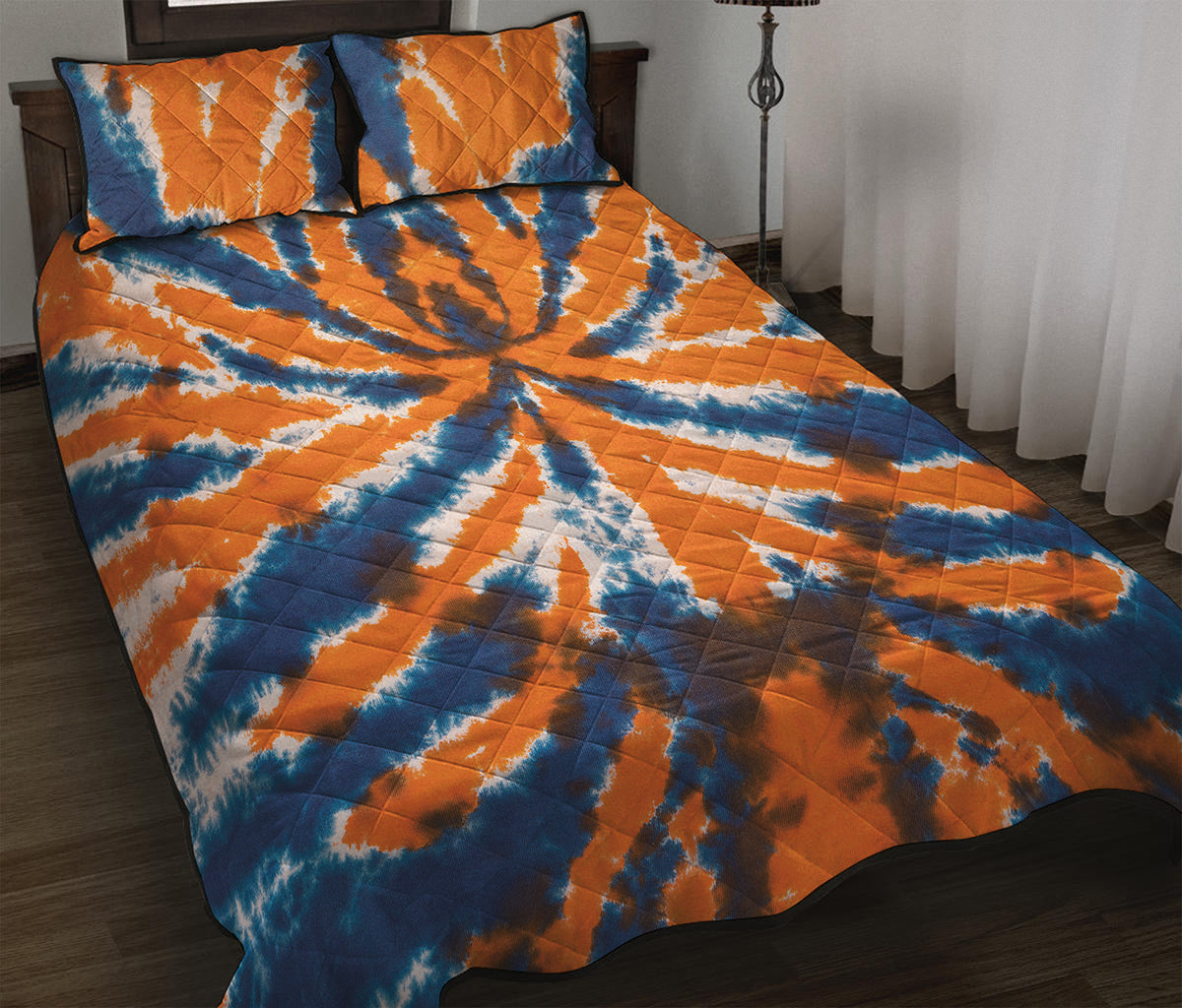 Blue And Orange Spider Tie Dye Print Quilt Bed Set