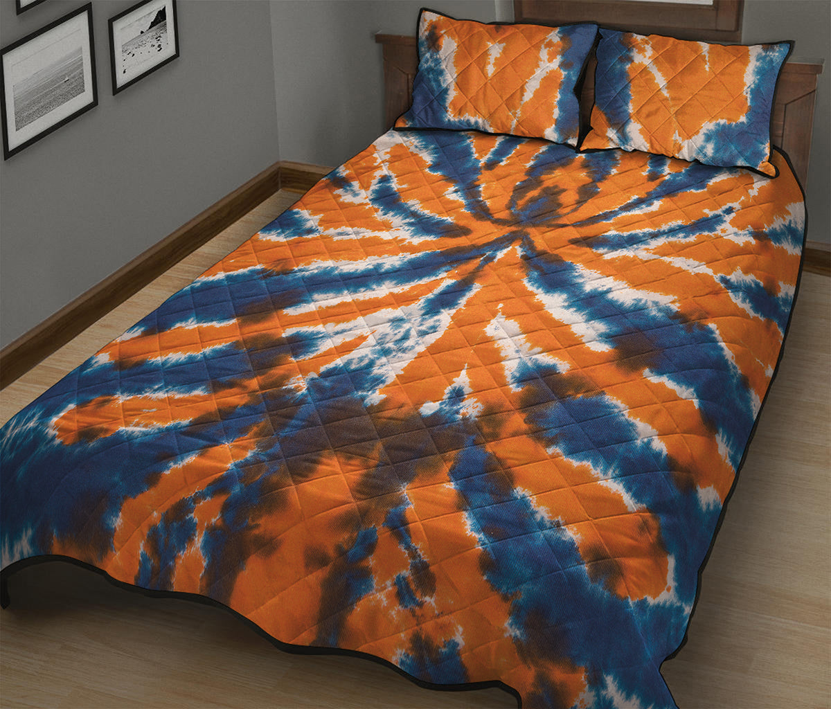 Blue And Orange Spider Tie Dye Print Quilt Bed Set