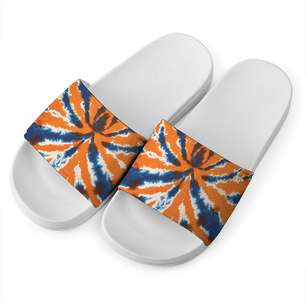 Blue And Orange Spider Tie Dye Print White Slide Sandals