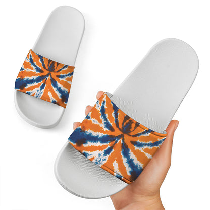 Blue And Orange Spider Tie Dye Print White Slide Sandals