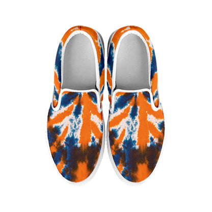 Blue And Orange Spider Tie Dye Print White Slip On Shoes