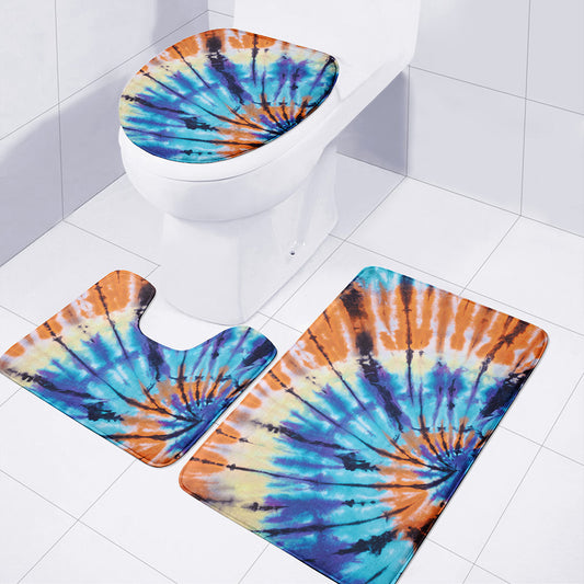 Blue And Orange Tie Dye Print 3 Piece Bath Mat Set
