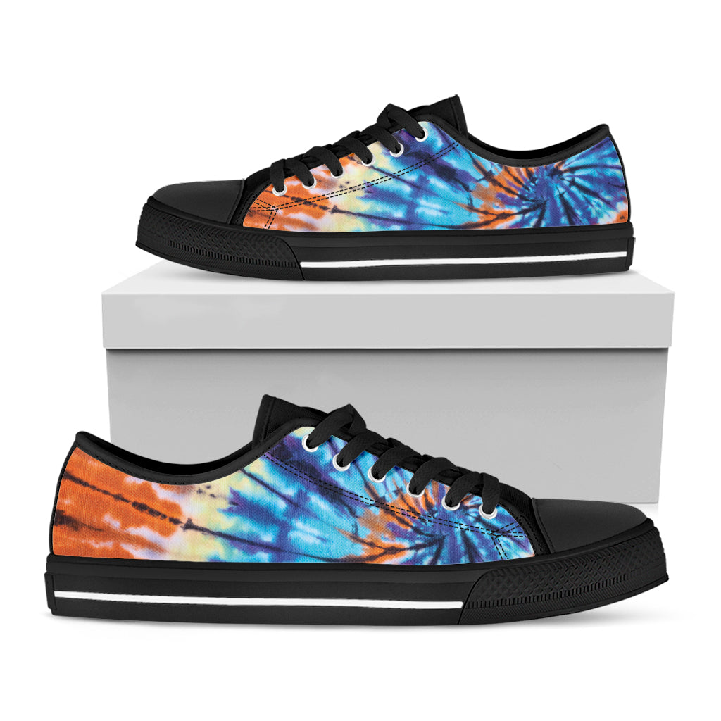 Blue And Orange Tie Dye Print Black Low Top Shoes 