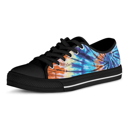 Blue And Orange Tie Dye Print Black Low Top Shoes 