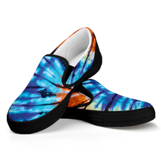 Blue And Orange Tie Dye Print Black Slip On Shoes
