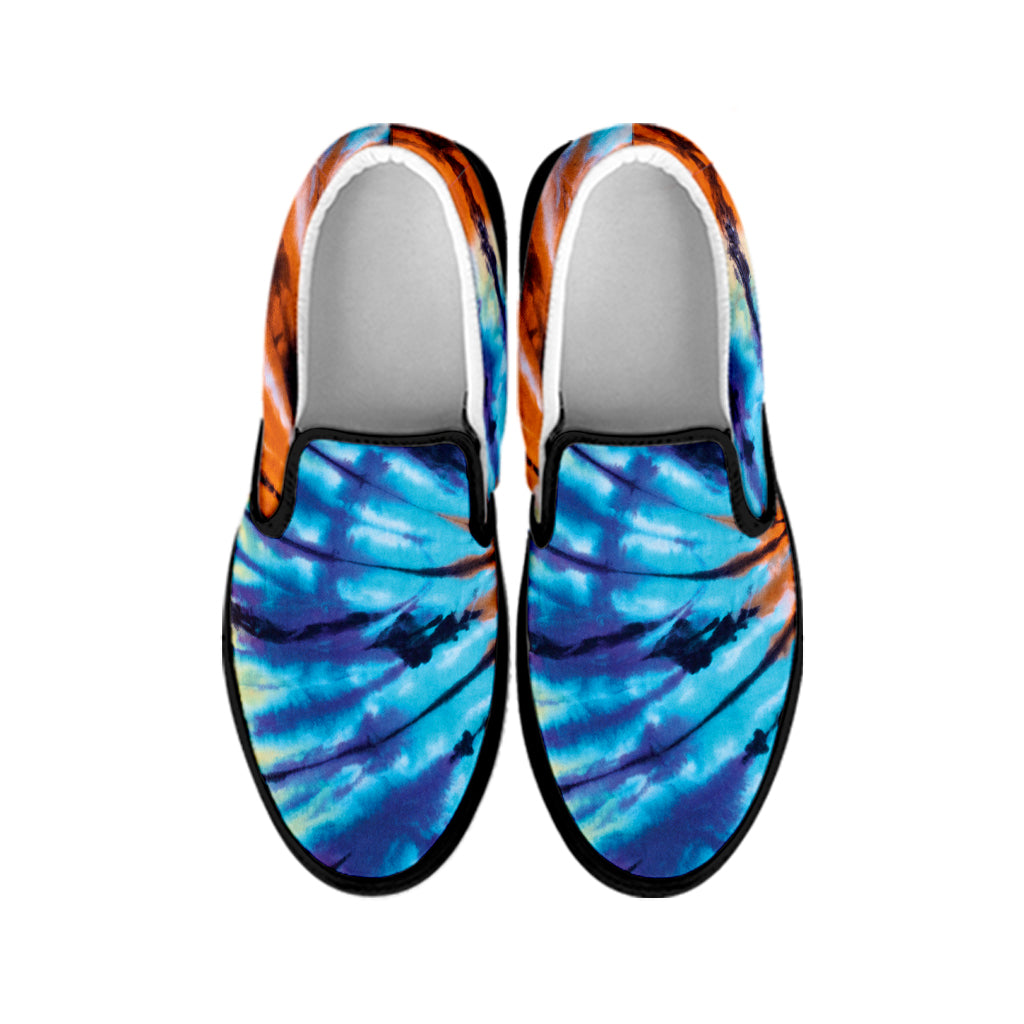 Blue And Orange Tie Dye Print Black Slip On Shoes