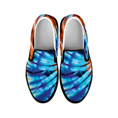 Blue And Orange Tie Dye Print Black Slip On Shoes