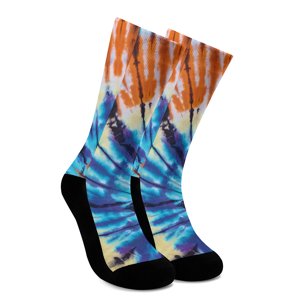 Blue And Orange Tie Dye Print Crew Socks