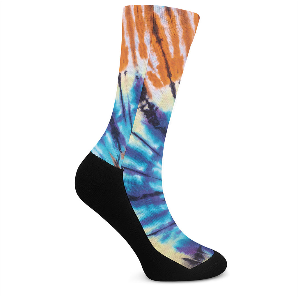 Blue And Orange Tie Dye Print Crew Socks