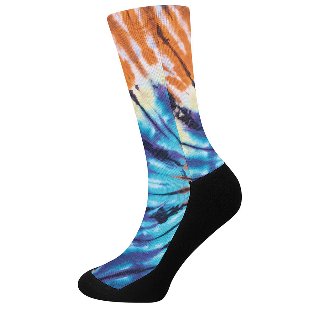 Blue And Orange Tie Dye Print Crew Socks