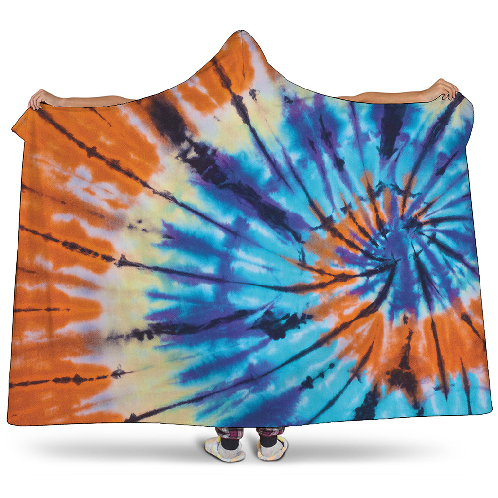 Blue And Orange Tie Dye Print Hooded Blanket