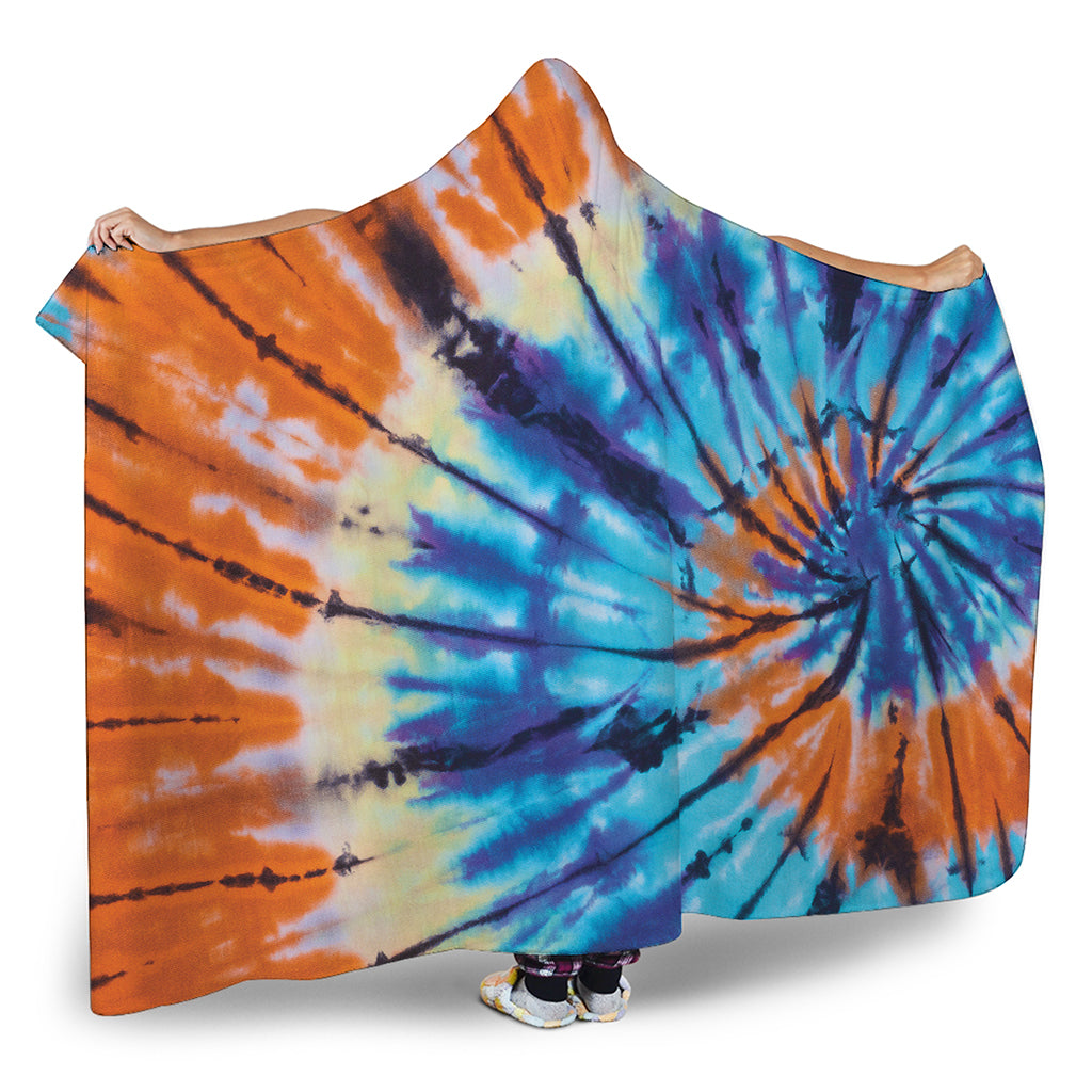 Blue And Orange Tie Dye Print Hooded Blanket