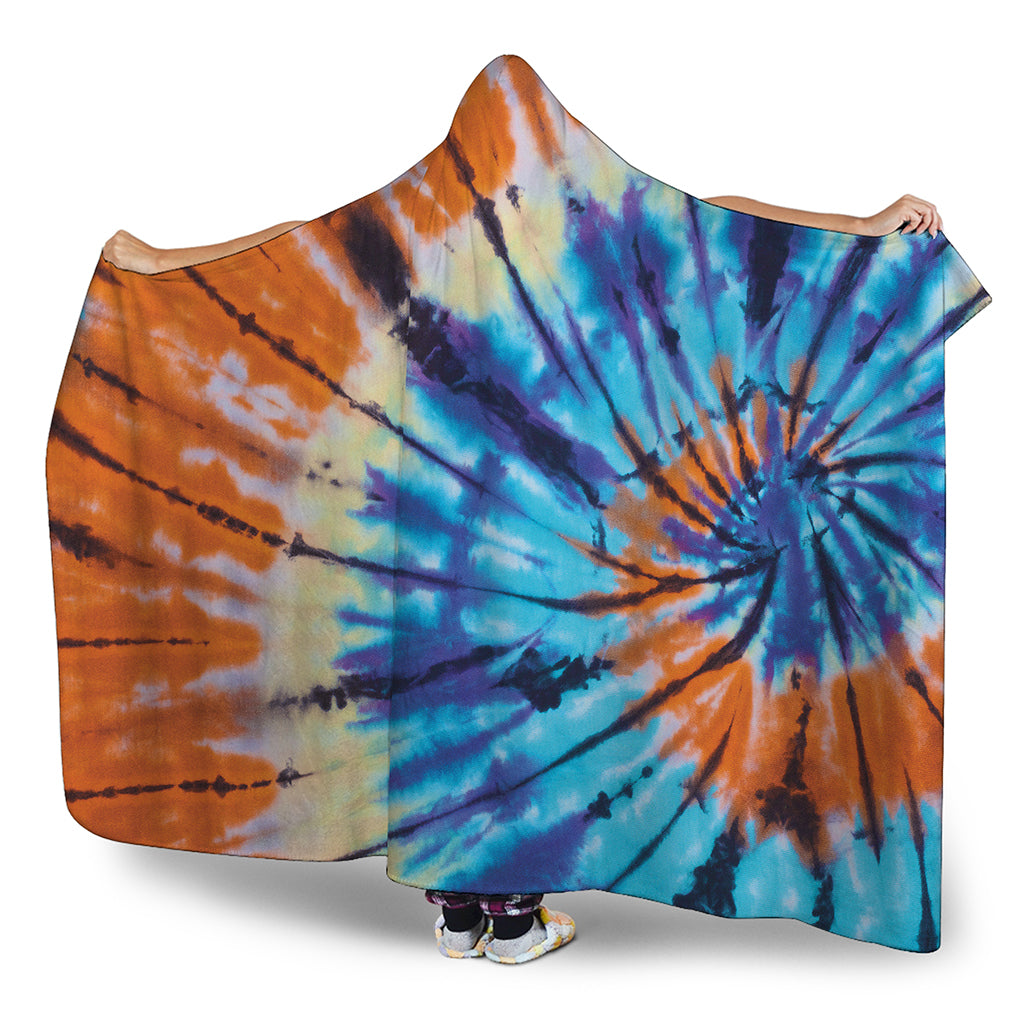 Blue And Orange Tie Dye Print Hooded Blanket