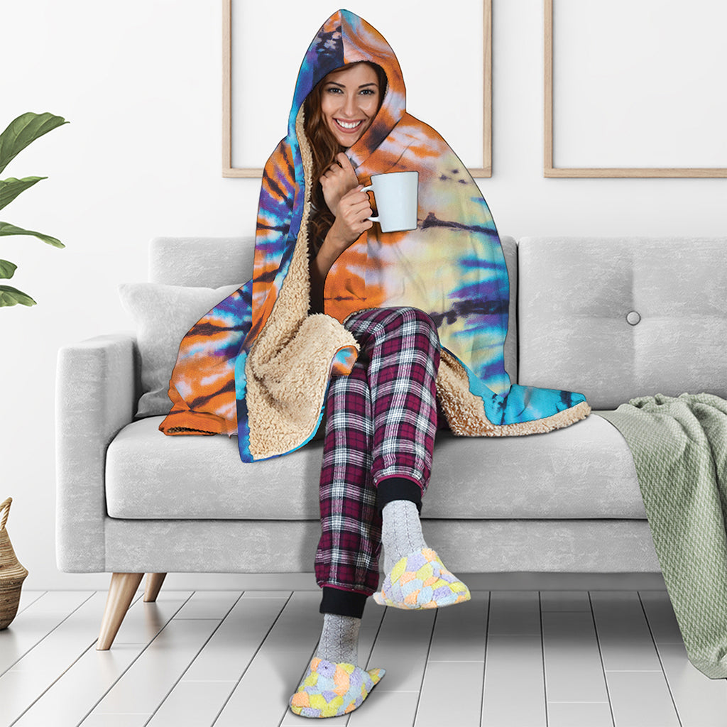Blue And Orange Tie Dye Print Hooded Blanket