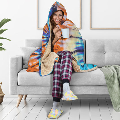 Blue And Orange Tie Dye Print Hooded Blanket
