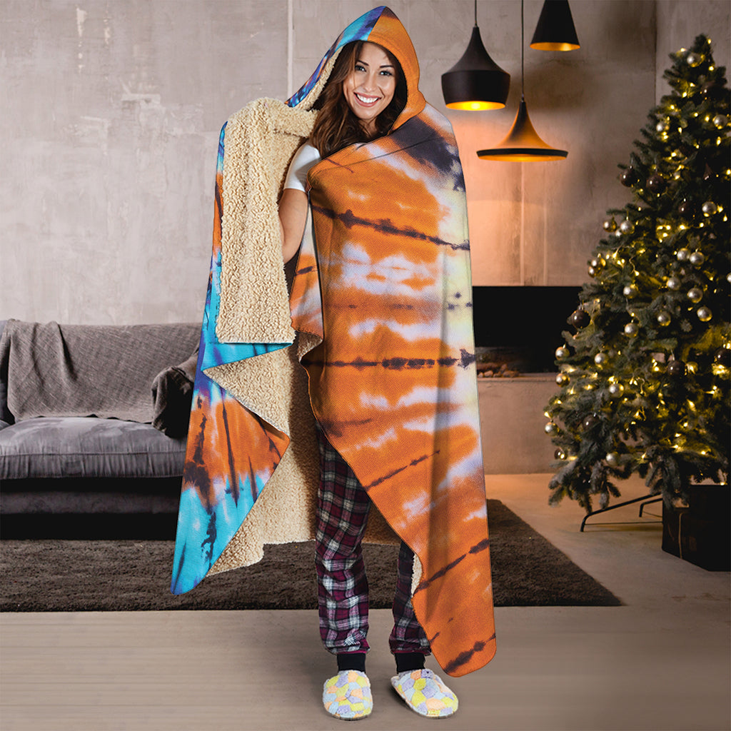 Blue And Orange Tie Dye Print Hooded Blanket