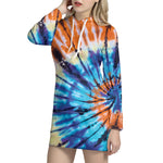 Blue And Orange Tie Dye Print Pullover Hoodie Dress