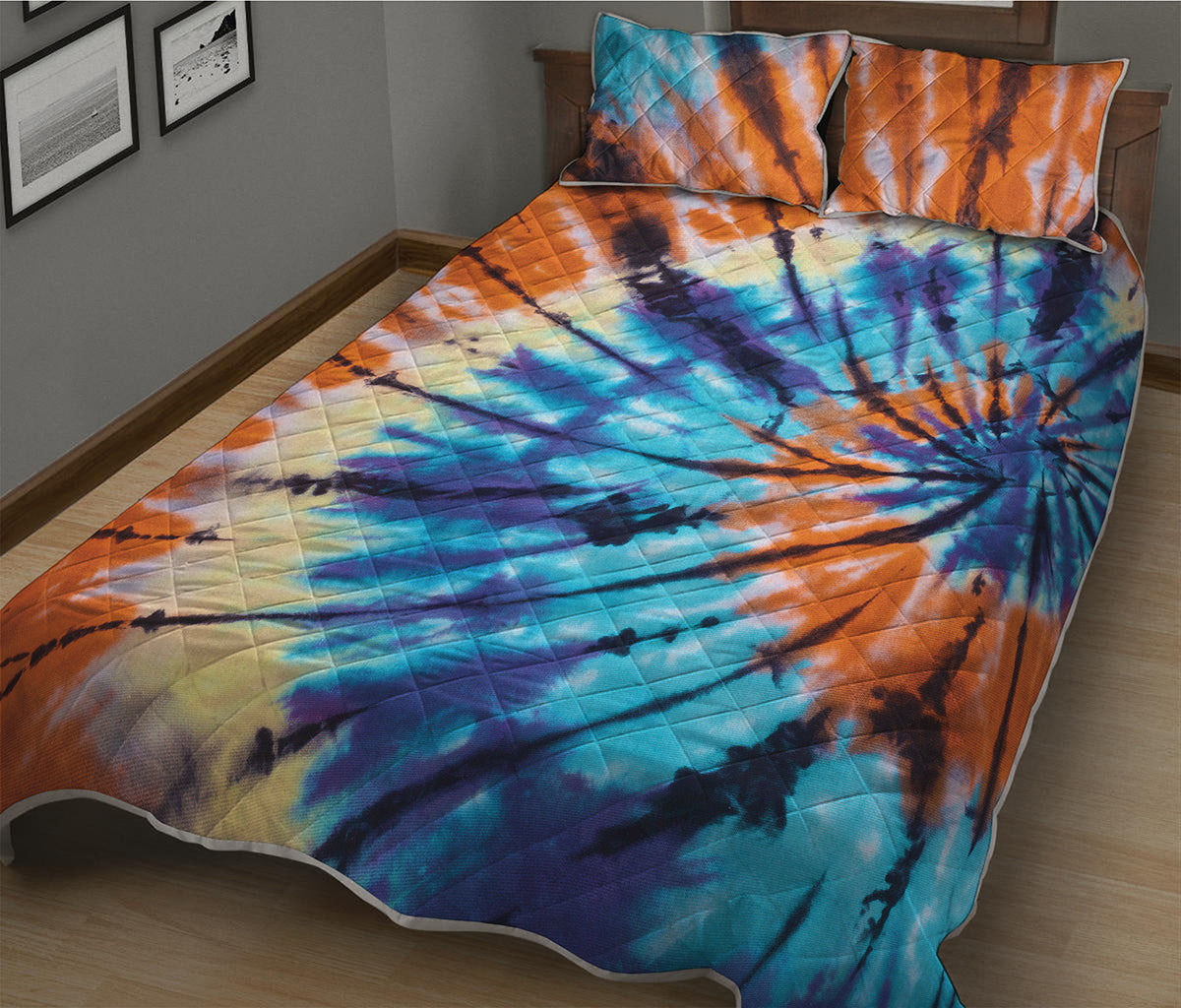 Blue And Orange Tie Dye Print Quilt Bed Set