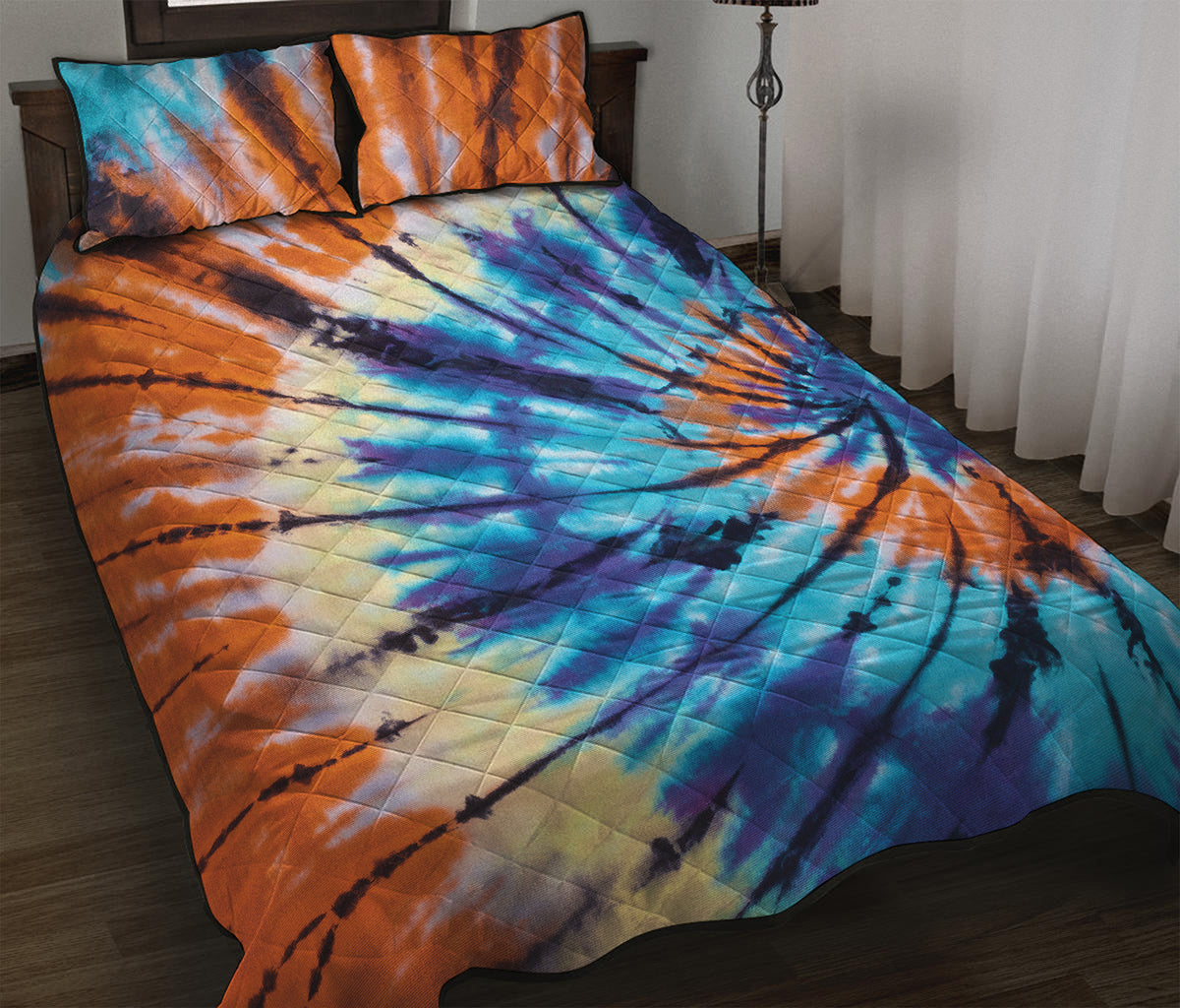 Blue And Orange Tie Dye Print Quilt Bed Set