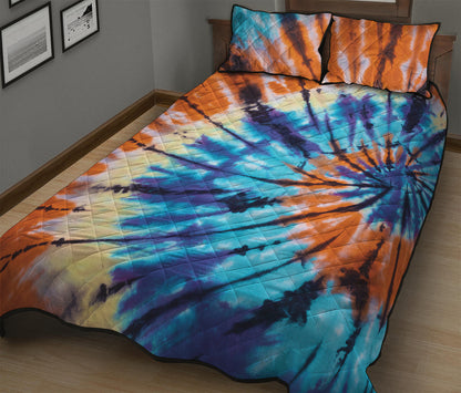 Blue And Orange Tie Dye Print Quilt Bed Set
