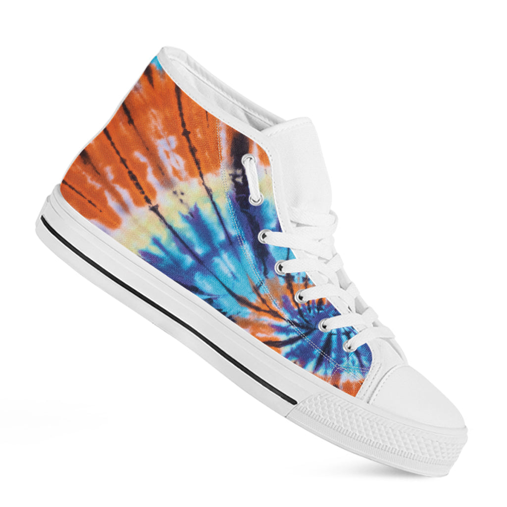 Blue And Orange Tie Dye Print White High Top Shoes