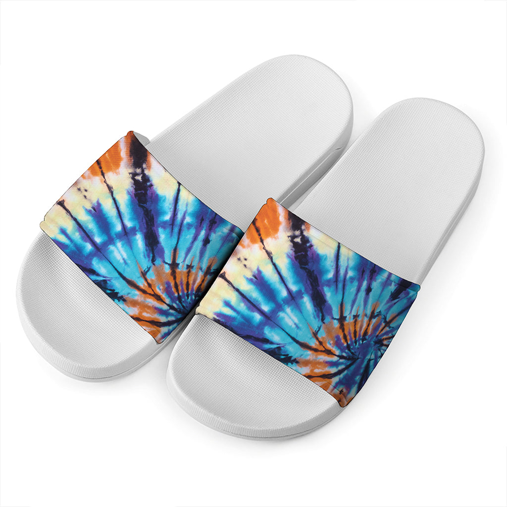 Blue And Orange Tie Dye Print White Slide Sandals