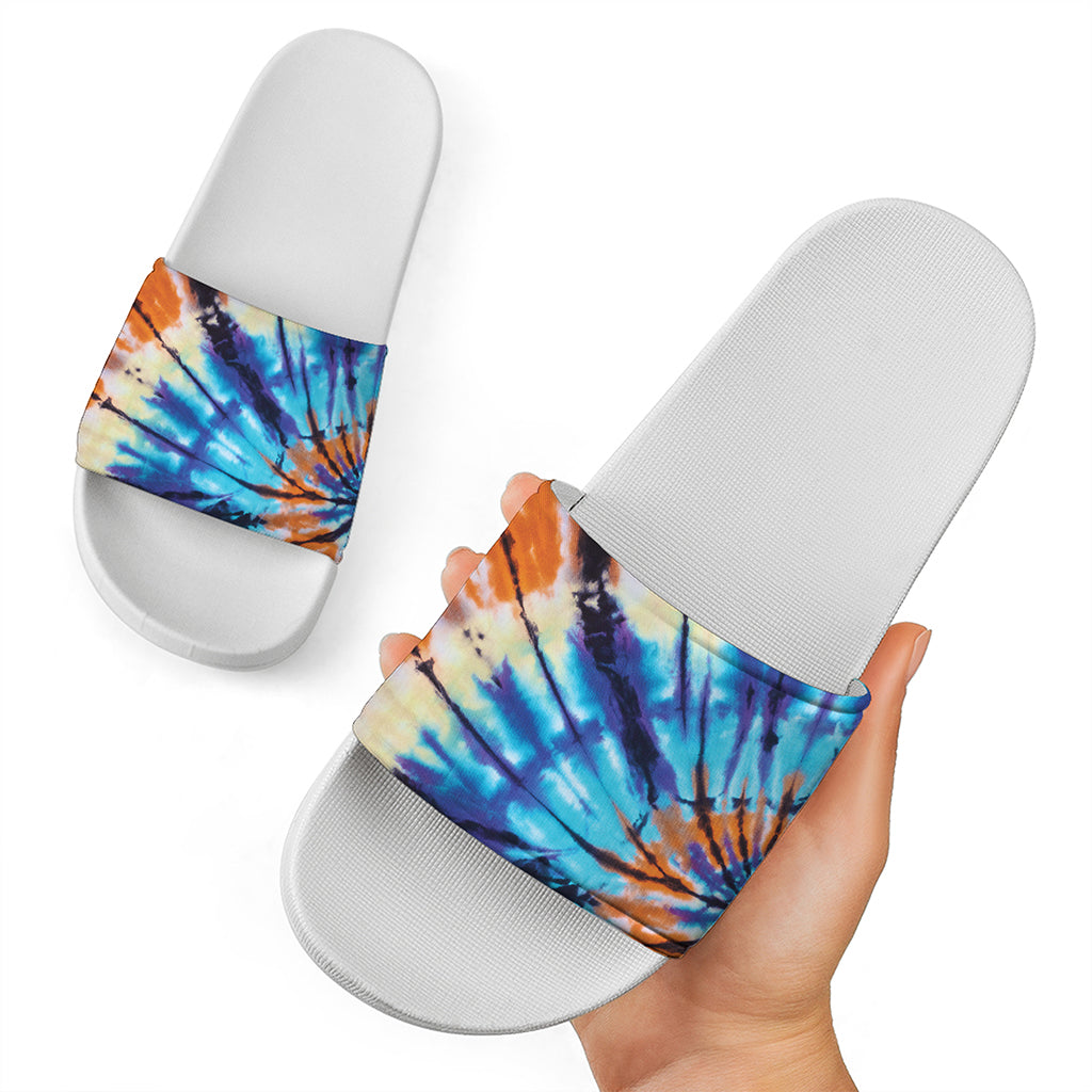 Blue And Orange Tie Dye Print White Slide Sandals